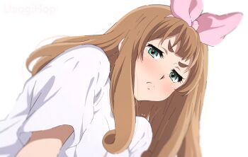 Rule 34 | 1girl, aqua eyes, bilingual commentary, blush, bow, bow hairband, brown hair, commentary, from below, frown, hairband, hibike! euphonium, long hair, looking at viewer, mixed-language commentary, pink bow, pink hairband, shirt, short eyebrows, short sleeves, simple background, solo, t-shirt, thick eyebrows, upper body, usagihop, v-shaped eyebrows, white background, white shirt, yoshikawa yuuko