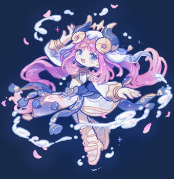 Rule 34 | 1girl, :d, arm up, black horns, blue background, blue eyes, blush stickers, commentary request, crop top, cropped shirt, full body, genshin impact, harukui, highres, horns, long hair, long sleeves, looking at viewer, midriff, navel, nilou (genshin impact), open mouth, pink hair, sandals, shirt, simple background, skirt, smile, solo, veil, white shirt, white skirt, white veil, yellow sandals