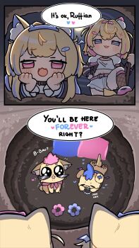 Rule 34 | 2girls, absurdres, blonde hair, chibi, dog girl, donut, food, fuwawa abyssgard, highres, holoadvent, hololive, hololive english, long hair, mococo abyssgard, multiple girls, pon de ring, shibedraws, siblings, sisters, twins, virtual youtuber