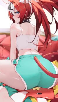 1girl absurdres alternate_costume animal_ears aqua_shorts ass barefoot between_legs black_collar black_hair blue_eyes blurry blurry_background camisole clothing_cutout collar colored_tips commentary crop_top dice_hair_ornament dolphin_shorts double-parted_bangs extra_ears from_behind hair_between_eyes hair_ornament hakos_baelz hand_between_legs hashtag-only_commentary highres hololive hololive_english long_hair looking_at_viewer looking_back median_furrow mouse_ears mouse_girl mouse_tail mr._squeaks_(hakos_baelz) multicolored_hair parted_lips red_hair shorts sitting soles solo spiked_collar spikes streaked_hair tail tail_through_clothes twintails virtual_youtuber white_camisole white_hair yoellim5