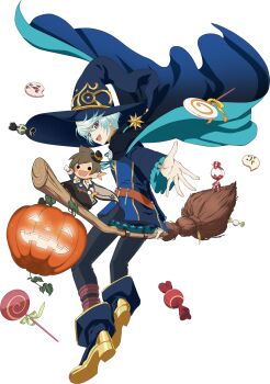 Rule 34 | 1boy, aqua cape, artist request, belt, black cape, black pants, blue boots, blue hair, blue hat, boots, broom, broom riding, brown belt, candy, cape, character doll, doll, food, from behind, full body, game cg, gold trim, gradient hair, halloween, halloween costume, hat, highres, jack-o'-lantern, looking at viewer, looking back, mikleo (halloween) (tales), mikleo (tales), multicolored hair, official alternate costume, official art, open mouth, pants, purple eyes, short hair, smile, solo, sorey (tales), tales of (series), tales of asteria, tales of zestiria, third-party source, transparent background, two-tone cape, two-tone hair, white hair, wizard, wizard hat