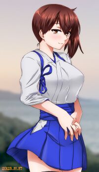 1girl akito_(sub707) blue_hakama brown_eyes brown_hair cowboy_shot dated hakama hakama_short_skirt hakama_skirt highres japanese_clothes kaga_(kancolle) kantai_collection kimono one-hour_drawing_challenge side_ponytail skirt smile solo standing tasuki white_kimono