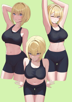 1girl absurdres alternate_costume armpits arms_up bare_shoulders black_shorts black_sports_bra blonde_hair breasts cleavage closed_mouth collarbone commentary_request cropped_legs evelyn_chevalier green_background hair_intakes highres ituka_kanau large_breasts looking_at_viewer midriff mole mole_under_eye multiple_views navel one_eye_closed parted_lips purple_eyes shorts simple_background sports_bra stretching zenless_zone_zero