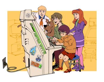 2girls arcade arcade_cabinet blonde_hair blue_collar collar commentary daphne_blake dog english_commentary fred_jones friends glasses hairband multiple_boys multiple_girls officeanomaly open_mouth pantyhose playing_games purple_hairband red_skirt scooby-doo scooby-doo_(character) shaggy_rogers sitting skirt tongue tongue_out velma_dinkley