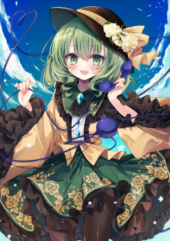 1girl :d absurdres ascot bird black_ascot black_hat black_pantyhose blue_sky blush buttons center_frills cloud collared_shirt commentary_request contrast_collar corded_phone cowboy_shot day diamond_(shape) diamond_button embellished_costume eyeball falling_flower falling_petals floral_print flower frilled_shirt_collar frilled_skirt frilled_sleeves frills green_eyes green_hair green_skirt hair_between_eyes hands_up hat hat_flower hat_ribbon heart heart_of_string highres holding holding_phone kasane_(cynthia) komeiji_koishi long_sleeves looking_at_viewer medium_hair one_eye_closed open_mouth outdoors pantyhose petals phone pink_petals ribbon rose_print shirt skirt sky smile solo third_eye tilted_headwear touhou white_flower wide_sleeves yellow_ribbon yellow_shirt