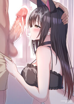 1boy 1girl after_fellatio animal_ear_hairband animal_ears black_bra black_choker black_hair blush bra breasts brown_eyes cat_ear_hairband cat_ears cat_lingerie censored choker clothes_pull commentary cum cum_in_mouth cum_on_body cum_on_breasts cum_on_hair cum_on_upper_body english_commentary erection fake_animal_ears frilled_bra frills from_side grey_shorts hairband half-closed_eyes hand_on_another&#039;s_head heart heart-shaped_eyewear hetero highres indoors kotegawa_yui large_breasts large_penis looking_at_penis maru.selinn mosaic_censoring navel penis profile pulling_another&#039;s_clothes shorts shorts_pull solo_focus testicles to_love-ru underwear window