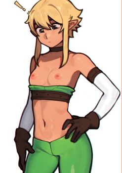 ! 1girl bandeau bandeau_pull blonde_hair breasts brown_eyes brown_gloves choker clothes_pull cowboy_shot elf gloves green_bandeau green_pants hand_on_own_hip navel nil_sunna nipples original pants pointy_ears short_hair_with_long_locks simple_background small_breasts solo sunna_(nilsunna) white_background