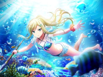 1girl air_bubble bikini bikini_top_only blonde_hair blue_bikini blue_eyes blurry blurry_foreground bubble coral cropped_shirt fish game_cg hair_ornament hairclip holding holding_polearm holding_weapon long_hair navel official_art outstretched_arms polearm ponytail scrunchie see-through_clothes see-through_shirt shirt shorts shoujo_kageki_revue_starlight shoujo_kageki_revue_starlight_-re_live- sidelocks solo stomach swimsuit underwater weapon white_shorts wrist_scrunchie yumeoji_fumi