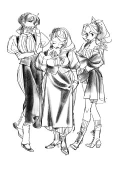 3girls 3itches absurdres boots closed_eyes flower full_body greyscale high_heels highres holding holding_flower monochrome multiple_girls olivia_(3itches) ponytail puffy_sleeves short_hair simple_background skirt smile tina_(3itches) tweetyq1961 vivian_(3itches)
