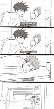 3boys aftersex arm_tattoo arphamuan awkward bed bedroom black_hair blanket blush bunk_bed covering_privates english_text facial_tattoo fushiguro_megumi hand_on_another&#039;s_chest heart highres how_i_met_your_mother indoors itadori_yuuji jujutsu_kaisen ladder looking_at_another lying lying_on_another male_focus multiple_boys muscular muscular_male nude pillow ryoumen_sukuna_(jujutsu_kaisen) short_hair shoulder_tattoo smile spiked_hair tattoo tired undercut yaoi