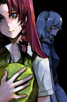 Rule 34 | 2girls, bow, braid, female focus, green eyes, hair bow, hat, unworn hat, unworn headwear, hong meiling, izayoi sakuya, long hair, maid, multiple girls, profile, red hair, short sleeves, sketch, embodiment of scarlet devil, tima, touhou, white hair