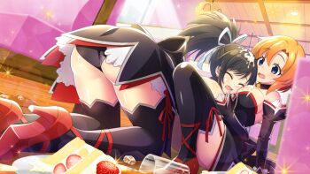 2girls alternate_costume ass asuka_(senran_kagura) blue_eyes brown_hair cake cake_slice cream cream_on_face crossover food food_on_face fruit highres higurashi_no_naku_koro_ni marvelous multiple_girls orange_hair panties ryuuguu_rena senran_kagura skirt strawberry strawberry_shortcake tagme underwear