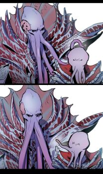 1boy 1other alternate_species baldur's_gate baldur's_gate_3 black_sclera brain colored_sclera colored_skin commentary_request dungeons_&amp;_dragons exposed_brain height_difference highres jt_(ynxbpwifpl42745) korean_commentary letterboxed looking_at_another male_focus mindflayer octopus_boy poking purple_eyes purple_skin red_robe robe sequential simple_background tav_(baldur's_gate) tentacles the_emperor_(baldur's_gate) upper_body white_background