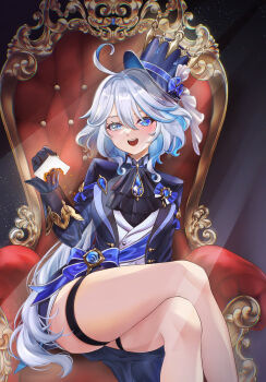 1girl :d ahoge armchair ascot ass black_ascot black_gloves burning card chair commentary_request crossed_legs drop-shaped_pupils furina_(genshin_impact) genshin_impact gloves hair_between_eyes hat heterochromia highres holding holding_card ouji_fashion lolita_fashion long_sleeves looking_at_viewer medium_hair mismatched_pupils mm_(m2) open_mouth sidelocks smile solo symbol-shaped_pupils thigh_strap thighs top_hat vision_(genshin_impact) wavy_hair