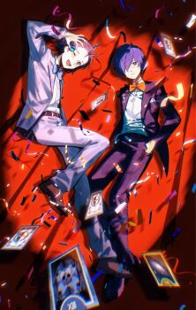2boys :d antenna_hair ball black_hair blue_bow blue_bowtie blue_hair blue_jacket blue_pants blue_suit bow bowtie brown_shoes card closed_mouth confetti curtains death_(tarot) floating floating_card formal_clothes frown full_body grey_jacket grey_pants grey_suit hair_over_one_eye hand_in_pocket highres holding holding_ball jacket looking_at_viewer male_focus mochizuki_ryouji multiple_boys one_eye_closed open_clothes open_jacket open_mouth orange_bow orange_bowtie pants persona persona_3 red_background rrrrrrrrrrrou1 shirt shoes short_hair smile suit tarot tarot_card white_shirt yuuki_makoto_(persona_3)