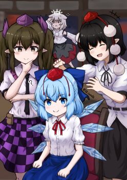 4girls ? absurdres black_hair black_necktie black_ribbon black_skirt blue_bow blue_eyes blue_hair blush bow brown_hair chair checkered_clothes checkered_skirt cirno collared_shirt hair_bow hand_on_own_chin hat highres himekaidou_hatate ice ice_wings inubashiri_momiji j_k_tanashi long_hair multiple_girls neck_ribbon necktie pom_pom_(clothes) puffy_short_sleeves puffy_sleeves red_ribbon ribbon shameimaru_aya shirt short_hair short_sleeves skirt stroking_own_chin tokin_hat touhou twintails white_hair white_shirt wings