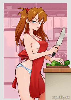 1girl apron artist_name ass blue_eyes blush breasts brown_hair cleavage cookie curvy embarrassed food indoors injury interface_headset_(evangelion) kitchen long_hair looking_at_viewer mrpenguin naked_apron neon_genesis_evangelion panties parted_lips shiny_skin solo souryuu_asuka_langley standing striped_clothes striped_panties tsundere underwear white_panties wide_hips