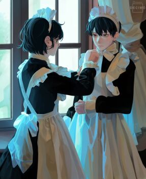 1boy 1girl adjusting_another&#039;s_clothes alternate_costume apron back_bow black_dress black_eyes black_hair bob_cut bow bowtie cowboy_shot curtains dress frilled_wrist_cuffs frills han_sooyoung highres kim_dokja looking_at_another maid maid_headdress nadardoh omniscient_reader&#039;s_viewpoint short_hair sweatdrop white_apron window_light wrist_cuffs