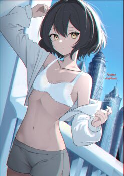 1girl absurdres alternate_costume arm_up black_hair bra building closed_mouth collarbone commentary grey_shorts highres hiiragi_utena long_sleeves looking_at_viewer mahou_shoujo_ni_akogarete midriff navel off_shoulder open_clothes open_shirt puffy_long_sleeves puffy_sleeves shirt short_hair shorts solo underwear veranda white_bra white_shirt xueli_shimazaki yellow_eyes