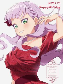 1girl birthday blush braid commentary dress english_text green_eyes grin highres jewelry kyaku_tasu long_hair looking_at_viewer love_live! love_live!_superstar!! necklace purple_hair red_dress side_braids smile solo twitter_username upper_body watermark wien_margarete