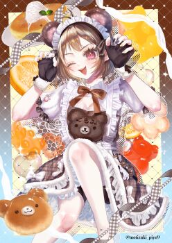 1girl ;d ahoge animal_ears bear bear_ears black_gloves bow brown_bow brown_hair claw_pose commission dress fingerless_gloves food frilled_dress frills gloves highres looking_at_viewer maid maid_headdress motizuki_piyo9 one_eye_closed open_mouth original pink_eyes puffy_short_sleeves puffy_sleeves red_eyes sensitive short_hair short_sleeves smile solo stuffed_animal stuffed_toy teddy_bear twitter_username virtual_youtuber