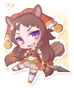 Rule 34 | 1girl, absurdres, animal ears, argyle background, bell, brown hair, chibi, commentary request, detached sleeves, frills, full body, grey shorts, grin, highres, holding, holding polearm, holding weapon, jingle bell, long hair, looking at viewer, navel, outline, polearm, princess connect!, puffy short sleeves, puffy shorts, puffy sleeves, purple eyes, rin (princess connect!), saishosaisekojo, shoes, short sleeves, shorts, smile, socks, solo, spear, squirrel ears, squirrel girl, squirrel tail, tail, very long hair, weapon, white outline, white sleeves, white socks, yellow shoes