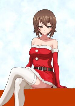 1girl alternate_costume belt black_belt breasts brown_eyes brown_hair christmas collarbone commentary_request crossed_legs dress elbow_gloves girls_und_panzer gloves highres looking_at_viewer medium_breasts nishizumi_maho red_gloves santa_costume santa_dress sesese_mimi short_hair sitting solo thighhighs white_thighhighs