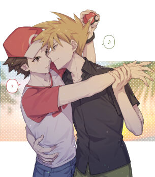 Rule 34 | 2boys, 88 (einnimnech), ?, arm around waist, arm up, black shirt, blue oak, blue pants, brown eyes, brown hair, closed mouth, collared shirt, cowboy shot, denim, eye contact, green pants, highres, holding, holding another's wrist, holding poke ball, jeans, looking at another, male focus, multiple boys, musical note, nintendo, open collar, pants, poke ball, poke ball (basic), pokemon, pokemon sm, red (pokemon), shirt, short hair, short sleeves, smile, speech bubble, spiked hair, spoken musical note, spoken question mark, t-shirt, two-tone shirt, yaoi