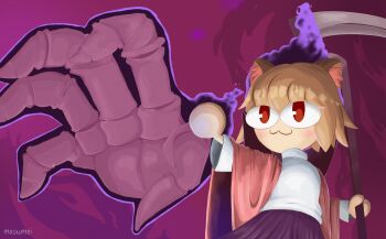 1girl :3 animal_ear_fluff animal_ears blonde_hair blue_fire cat_ears cat_girl chibi fire flaming_head giant_hand highres holding holding_scythe holding_weapon long_sleeves melty_blood meowmei neco-arc neco_spirit osty_(slay_the_spire) purple_skirt red_eyes robe scythe shirt short_hair skeleton skirt slay_the_spire slay_the_spire_2 the_necrobinder_(slay_the_spire) tsukihime weapon white_shirt
