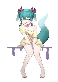 1girl barefoot blush collarbone commentary_request dragapult dreepy earrings eyeshadow gen_8_pokemon green_hair hair_ornament highres jewelry knees makeup mashiro_ka nail_polish nintendo off_shoulder open_mouth personification pokemon red_eyeshadow red_nails shirt short_hair short_sleeves sitting smile solo teeth toenail_polish toenails toes tongue upper_teeth_only white_background yellow_eyes yellow_shirt