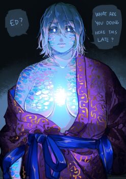 1girl blue_scales fish_girl glowing glowing_eyes highres iridescent iridescent_hair iridescent_skin lips looking_at_viewer original oskar_(sframboob) pov robe scales sframboob sharp_teeth shiny_skin speech_bubble teeth