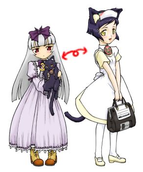 2girls 3.1-tan animal_ears arrow_(symbol) bag blush bow cat cat_ears cat_tail dos dos_cat dos_tan dress floppy_disk hair_bow long_hair looking_at_viewer mary_janes multiple_girls os-tan personification pigeon-toed purple_hair red_eyes shoes short_hair silver_hair simple_background tail white_background yellow_eyes