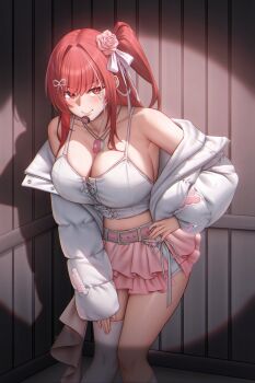1girl absurdres bare_shoulders belt blush bow breasts cleavage closed_mouth commentary_request facial_mark feet_out_of_frame flower frilled_skirt frills gileu goddess_of_victory:_nikke hair_bow hair_flower hair_ornament hair_ribbon hand_on_own_thigh highres jacket jewelry korean_commentary large_breasts leaning_forward long_hair looking_at_viewer miniskirt off_shoulder official_alternate_costume one_side_up open_clothes open_jacket pendant pink_belt pink_flower pink_nails pink_rose pink_skirt portrait rapi_(nikke) rapi_(red_hood)_(nikke) rapi_(red_hood)_(shining_light)_(nikke) red_eyes red_hair ribbon rose shadow single_thighhigh skirt smile solo spotlight standing star_(symbol) star_facial_mark thighhighs white_jacket white_thighhighs
