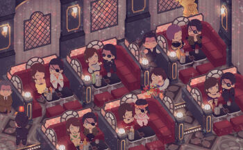 Rule 34 | !, 6+girls, alcohol, animal print, arimura chika (ryuu ga gotoku), bare shoulders, black gloves, black hair, brown hair, chibi, chibi only, cigarette, commentary request, dress, etsuko (ryuu ga gotoku), eyepatch, facial hair, food, fruit, gloves, goatee, grey eyes, grey hair, hatsumi saki (ryuu ga gotoku), headband, highres, hostess, ice bucket, indoors, majima goro, multiple boys, multiple girls, multiple persona, necktie, ootsuki hibiki (ryuu ga gotoku), open mouth, orange (fruit), orange slice, purple hair, ryuu ga gotoku (series), ryuu ga gotoku 0, sagawa tsukasa, saki (hxaxcxk), sakura mana (ryuu ga gotoku), smile, snake print, statue, sunglasses, uehara ai (ryuu ga gotoku), watermelon, watermelon slice, yellow dress, youda (ryuu ga gotoku)