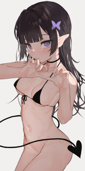 Rule 34 | 1girl, absurdres, backlighting, bikini, bikini top only, black bikini, black choker, black hair, blunt bangs, bottomless, breasts, butterfly hair ornament, choker, closed mouth, commentary request, cowboy shot, demon girl, demon tail, ear piercing, expressionless, front-tie bikini top, front-tie top, grey background, hair ornament, heart, heart hands, highres, long hair, looking at viewer, madana (xesa7885), micro bikini, navel, original, piercing, pointy ears, purple eyes, sideways glance, simple background, slit pupils, small breasts, solo, sweat, swimsuit, tail
