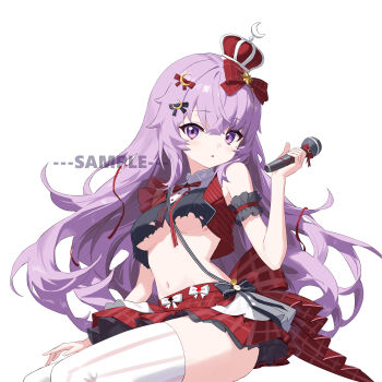 1girl absurdres arm_garter bare_shoulders black_shirt bow breasts crop_top crop_top_overhang crown hair_bow hand_up highres holding holding_microphone long_hair looking_at_viewer microphone midriff mini_crown miniskirt navel original parted_lips plaid_clothes plaid_skirt pleated_skirt purple_eyes purple_hair red_crown red_skirt shirt simple_background skirt sleeveless sleeveless_shirt solo stomach striped_clothes striped_thighhighs thighhighs torn_clothes torn_shirt underboob very_long_hair white_background white_thighhighs wing_collar youtanhuayuan255