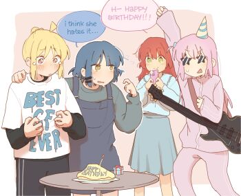 4girls ahoge birthday birthday_cake black_pants blonde_hair blue_hair bocchi_the_rock! box cake candle commentary cube_hair_ornament english_commentary food gift gift_box gotoh_hitori green_eyes guitar hair_ornament hairclip hand_on_another's_shoulder happy_birthday hat highres holding holding_phone ijichi_nijika instrument kessoku_band kita_ikuyo layered_sleeves long_hair long_skirt long_sleeves machuuu68 medium_hair multiple_girls overalls pants party_hat phone pink_hair pink_track_suit red_eyes red_hair shirt short_over_long_sleeves short_sleeves side_ponytail skirt star-shaped_eyewear star_(symbol) sunglasses sweatdrop tearing_up track_suit white_shirt yamada_ryo yellow_eyes