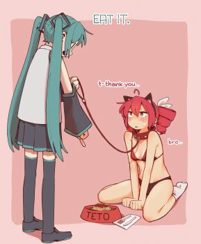 2girls absurdres alternate_costume animal_ear_hairband animal_ears ankle_socks aqua_hair arm_warmers bikini black_arm_warmers black_bikini black_shoes black_thighhighs blush border bow bowl breasts cat_ear_hairband cat_ears character_name collar collared_shirt commentary double-parted_bangs drill_hair english_commentary english_text fake_animal_ears food fork full_body hair_between_eyes hair_bow hairband hatsune_miku highres holding holding_leash kasane_teto kasane_teto_(sv) knife leash long_hair looking_at_another machuuu68 multiple_girls open_mouth outside_border pasta pet_bowl pet_play pleated_skirt pointing pointing_at_object red_background red_bikini red_border red_collar red_eyes red_hair shirt shoes sidelocks simple_background sitting skirt sleeveless sleeveless_shirt small_breasts socks spaghetti standing stomach string_bikini sweat swimsuit synthesizer_v thighhighs twin_drills twintails utau very_long_hair vocaloid wariza white_bow white_shirt white_socks yuri