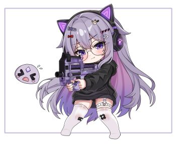 >_< 1girl :q absurdres animal_ear_headphones animal_ears asymmetrical_legwear black_choker black_hoodie black_panties bullpup castellayaki cat_ear_headphones cat_ears chibi choker colored_inner_hair commentary double-parted_bangs fake_animal_ears fishnet_thighhighs fishnets flying_sweatdrops fn_p90 garter_straps gem glasses gradient_hair gun hair_flaps hair_ornament hairclip headphones heart heart_o-ring highres holding holding_gun holding_weapon hololive hololive_english hood hoodie jewel_under_eye koseki_bijou long_hair long_sleeves looking_at_viewer mismatched_legwear multicolored_hair no_pants no_shoes o-ring o-ring_choker o-ring_thigh_strap panties pebble_(koseki_bijou) pink_hair purple_eyes purple_gem purple_hair sidelocks simple_background single_garter_strap solo standing submachine_gun thigh_strap thighhighs tongue tongue_out underwear very_long_hair virtual_youtuber weapon white_background white_thighhighs