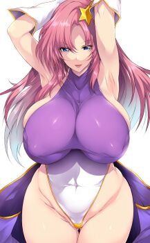 Rule 34 | 1girl, absurdres, alternate breast size (larger), armpits, arms up, blue eyes, breasts, commentary request, cowboy shot, curvy, gloves, gundam, gundam seed, gundam seed destiny, hair ornament, heattech leotard, highleg, highleg leotard, highres, huge breasts, leotard, long hair, meer campbell, multicolored leotard, pink hair, plump, purple skirt, simple background, skirt, solo, star (symbol), star hair ornament, tsukasawa takamatsu, turtleneck, two-tone leotard, white background, white gloves