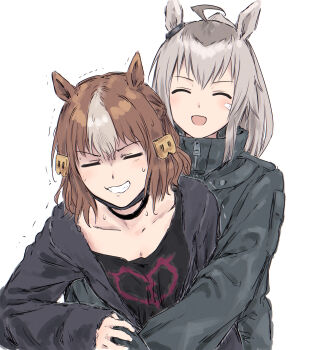 2girls :d ^_^ animal_ears belno_light_(umamusume) black_jacket black_shirt braid brown_hair closed_eyes collarbone commentary grey_hair grin hair_ornament half_up_braid highres horse_ears horse_girl hug jacket letter_hair_ornament long_sleeves medium_hair multicolored_hair multiple_girls nervous_smile oguri_cap_(umamusume) open_clothes open_jacket open_mouth pain revision roots_(hair) shirt simple_background smile streaked_hair sweat umamusume umamusume:_cinderella_gray white_background yukitake_(bullfalk)