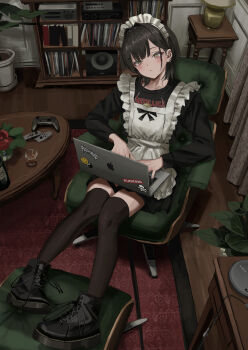 1girl absurdres alternate_costume apple_inc. apron arm_rest armchair band_shirt black_boots black_hair black_shirt black_skirt blush book bookshelf boots bottle cable chair closed_mouth clothes_writing commentary_request computer computer_keyboard controller cup curtains drawer drinking_glass enmaided feet_on_chair flower frilled_apron frills game_controller gishiki_(gshk) glass hair_intakes highres indoors lamp laptop long_sleeves macintosh maid maid_apron maid_headdress medium_hair merchandise metallica on_chair original plant potted_plant profanity red_flower rug shelf shirt shot_glass sitting skirt skull_and_crossbones smiley_face solo sony speaker sticker table tanaka_kyouko thighhighs typing white_apron wooden_floor yellow_eyes yin_yang zettai_ryouiki