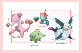 black_eyes border cacnea character_name commentary corphish english_commentary eyelashes fusion gen_1_pokemon gen_2_pokemon gen_3_pokemon gen_4_pokemon gorebyss highres horns kazuko_(towa) looking_at_viewer lumineon mushroom nintendo no_humans paras phanpy pincers pokemon pokemon_(creature) scizor seel single_horn tongue tongue_out tusks