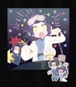 Rule 34 | 2boys, alcohol burner, black hair, blue hair, blue hanfu, blush, brothers, burnt face, chinese clothes, daguanyuan's jia huan (project moon), failure, fang, flask, hair intakes, hanfu, high ponytail, highres, holding, holding vial, jia huan (project moon), lab coat, limbus company, male focus, multiple boys, open mouth, ponytail, project moon, round-bottom flask, safety glasses, scientist, siblings, smoke, sparkle, v-shaped eyebrows, vial, yellow eyes, yesheng zong ren