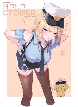 ! 1girl ^^^ absurdres alternate_costume animal artist_name bent_over black_necktie black_skirt black_thighhighs blonde_hair blowing_whistle blue_eyes blue_shirt border breasts brown_background bubba_(watson_amelia) center_frills chest_harness clothing_cutout collared_shirt commentary cropped_legs cuffs dog english_commentary frills gloves hair_ornament hand_on_own_hip handcuffs harness hat highres hololive hololive_english large_breasts looking_at_viewer medium_hair miniskirt namiorii necktie outside_border peaked_cap pencil_skirt police police_uniform policewoman shirt short_sleeves shoulder_cutout side_slit skirt solo sweat thighhighs virtual_youtuber watson_amelia whistle whistle_around_neck white_border white_gloves white_hat