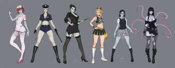 Rule 34 | 6+girls, absurdres, baton (weapon), belt, black boots, black hair, black sclera, black shoes, black socks, black thighhighs, blonde hair, blue eyes, blush, boots, breasts, cheerleader, cleavage, colored sclera, commentary, cuffs, english commentary, erection, flaccid, futanari, garter straps, glasses, grey background, grin, hair bun, hand on own hip, handcuffs, hat, high heels, highres, holding, holding baton, holding handcuffs, holding syringe, jewelry, kneehighs, large breasts, large penis, long hair, looking at viewer, medium breasts, midriff, multiple girls, navel, necklace, nipples, nurse cap, original, parted bangs, pencil skirt, penis, police, police hat, police uniform, pom pom (cheerleading), ponytail, precum, red hair, shoes, short hair, simple background, skirt, smile, socks, syringe, tarakanovich, tentacles, testicles, thighhighs, torn clothes, torn thighhighs, uncensored, weapon, white socks, yellow eyes