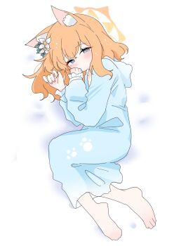 1girl absurdres alternate_costume animal_ear_fluff animal_ears barefoot blue_archive blue_eyes blush bobok flower full_body hair_flower hair_ornament halo highres hood long_sleeves looking_at_viewer mari_(blue_archive) orange_hair pajamas simple_background solo white_background white_flower yellow_halo