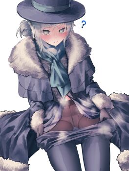 1girl ? absurdres aqua_scarf black_coat black_gloves black_hat black_pants black_pantyhose blush boater_hat clothes_pull coat commentary_request covered_navel cowboy_shot flat_chest fur-trimmed_coat fur_trim gloves grey_eyes grey_hair hair_bun hat highres long_hair long_sleeves looking_at_viewer official_alternate_costume panties panties_under_pantyhose pants pants_pull pantyhose parted_lips pulling_own_clothes reverse:1999 scarf sidelocks simple_background single_side_bun sitting solo steaming_body sweat swept_bangs underwear variant_set vertin_(reverse:1999) vest vivo_(vivo_sun_0222) waistcoat white_background white_panties winter_clothes