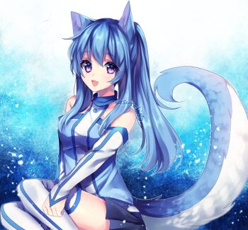 1girl :d animal_ears artist_name bare_shoulders black_skirt blue_background blue_shirt blue_tail blue_theme blue_trim blush breasts bridal_gauntlets buttons cat_ears cat_girl cat_tail collarbone commentary commission double-parted_bangs english_commentary feet_out_of_frame hair_between_eyes hair_over_shoulder high_ponytail highres light_particles long_hair long_sidelocks looking_at_viewer miniskirt open_mouth original outline pleated_skirt ponytail purple_eyes sasucchi95 shirt sidelocks simple_background sitting skirt small_breasts smile solo strapless strapless_shirt tail tareme thighhighs tongue two-tone_tail white_background white_bridal_gauntlets white_outline white_tail white_thighhighs zettai_ryouiki