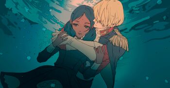 1boy 1girl air_bubble bindi black_hair blonde_hair bubble char_aznable commentary_request dark-skinned_female dark_skin double_bun dress epaulettes gloves green_eyes gundam gundam_gquuuuuux hair_bun highres hug hug_from_behind jacket lalah_sune long_sleeves military_jacket military_uniform npn red_jacket shirouzu_(gundam) short_hair submerged underwater